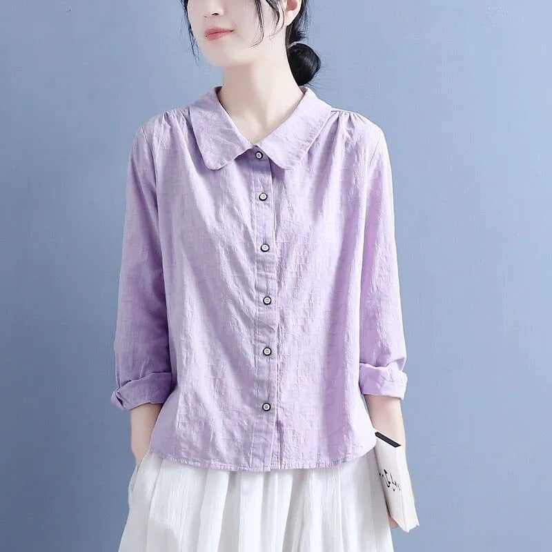 Artistic Retro Solid Color Long Sleeve Shirt Womens 2024 New Spring and Autumn Wear Thin Loose Slim Unique Chic Top JD#M9 Pink