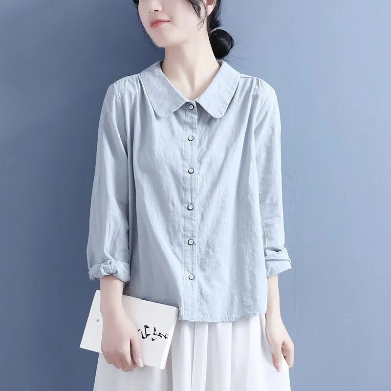 Artistic Retro Solid Color Long Sleeve Shirt Womens 2024 New Spring and Autumn Wear Thin Loose Slim Unique Chic Top JD#M9 Pink