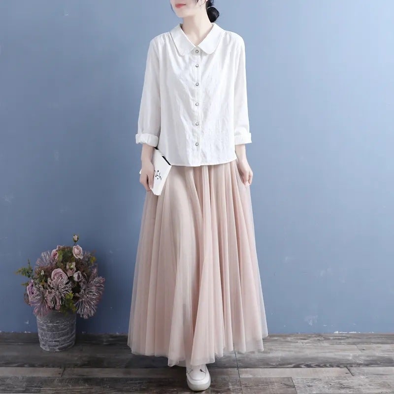 Artistic Retro Solid Color Long Sleeve Shirt Womens 2024 New Spring and Autumn Wear Thin Loose Slim Unique Chic Top JD#M9 Pink