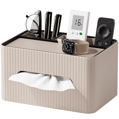 KINGFOM Leather Tissue Box Cover with Storage Tray Decorative Tissue Box Holder Organizer for Office Desk Bedroom Nightstand Remote Control Holder for Perfume Watch Glasses Pens Mocha Beige - Image 1