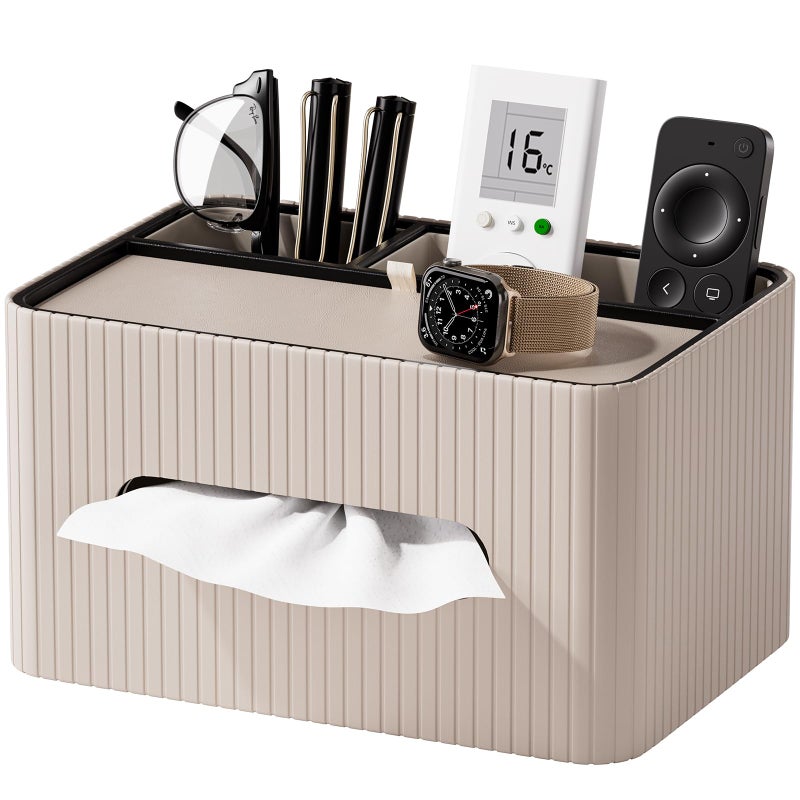 KINGFOM Leather Tissue Box Cover with Storage Tray Decorative Tissue Box Holder Organizer for Office Desk Bedroom Nightstand Remote Control Holder for Perfume Watch Glasses Pens Mocha Beige - Image 2