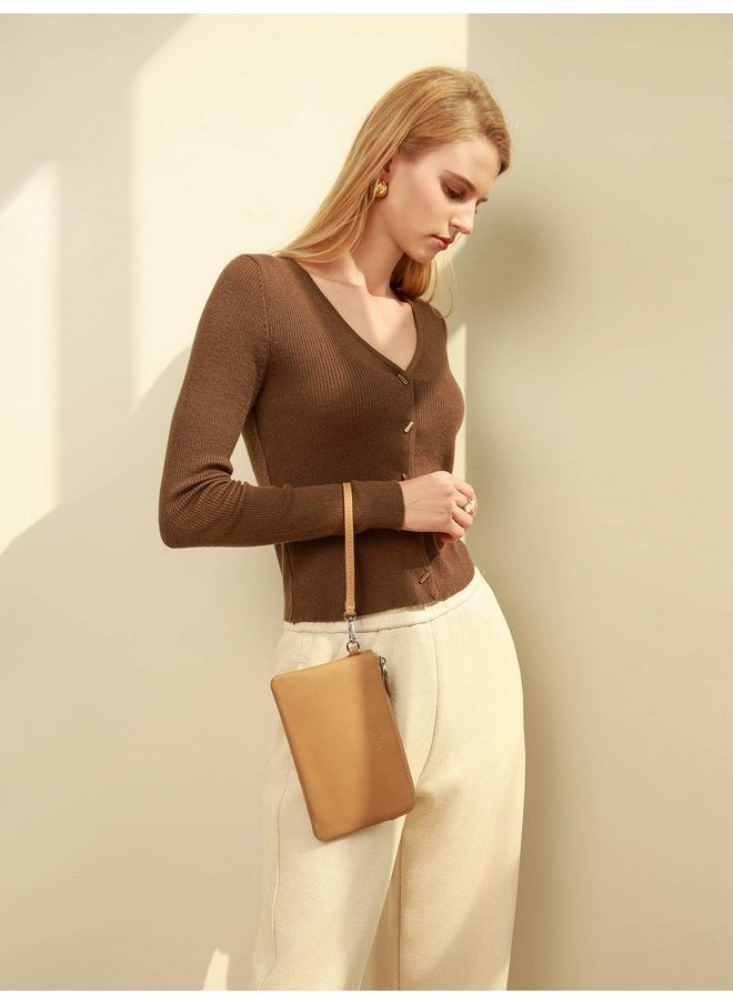 befen - Tan Genuine Leather Clutch Purse For Women Wristlets Ladies Slim Wallets Handbags With Silver Zipper Khaki - Image 1