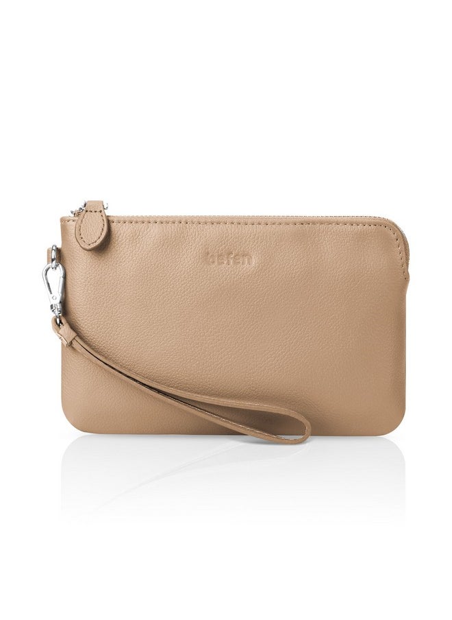 befen - Tan Genuine Leather Clutch Purse For Women Wristlets Ladies Slim Wallets Handbags With Silver Zipper Khaki - Image 1