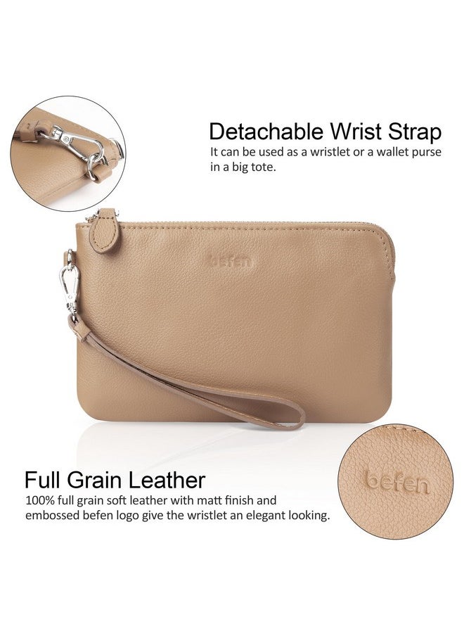 befen - Tan Genuine Leather Clutch Purse For Women Wristlets Ladies Slim Wallets Handbags With Silver Zipper Khaki - Image 1