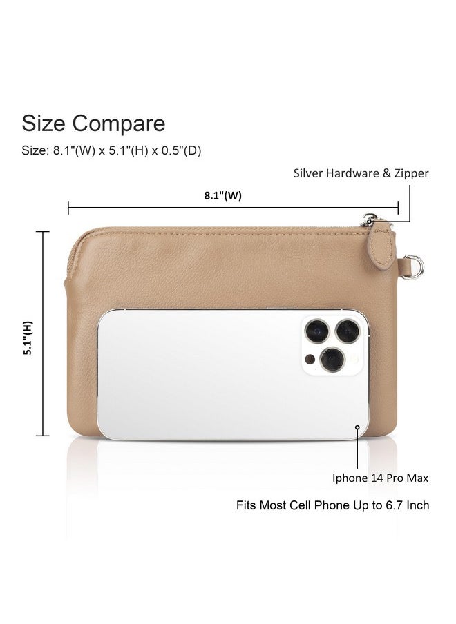 befen - Tan Genuine Leather Clutch Purse For Women Wristlets Ladies Slim Wallets Handbags With Silver Zipper Khaki - Image 1