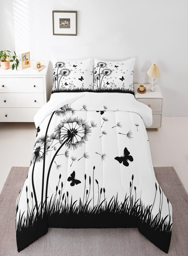 Homewish Dandelion Comforter Set Queen Size,Rustic Natural Bedding Set 3pcs for Kids Teens Girls Boys Room Decor,Butterfly Floral Animal Quilt Set Black and White Duvet Insert with 2 Pillowcases - Image 5