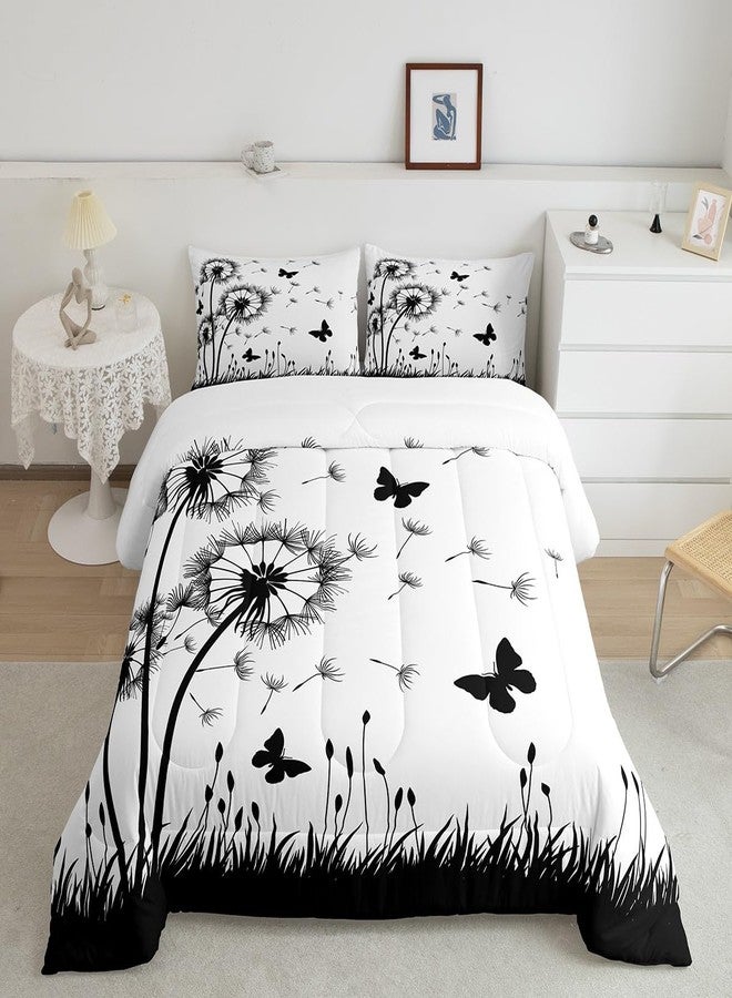 Homewish Dandelion Comforter Set Queen Size,Rustic Natural Bedding Set 3pcs for Kids Teens Girls Boys Room Decor,Butterfly Floral Animal Quilt Set Black and White Duvet Insert with 2 Pillowcases - Image 4