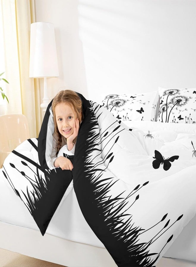 Homewish Dandelion Comforter Set Queen Size,Rustic Natural Bedding Set 3pcs for Kids Teens Girls Boys Room Decor,Butterfly Floral Animal Quilt Set Black and White Duvet Insert with 2 Pillowcases - Image 3