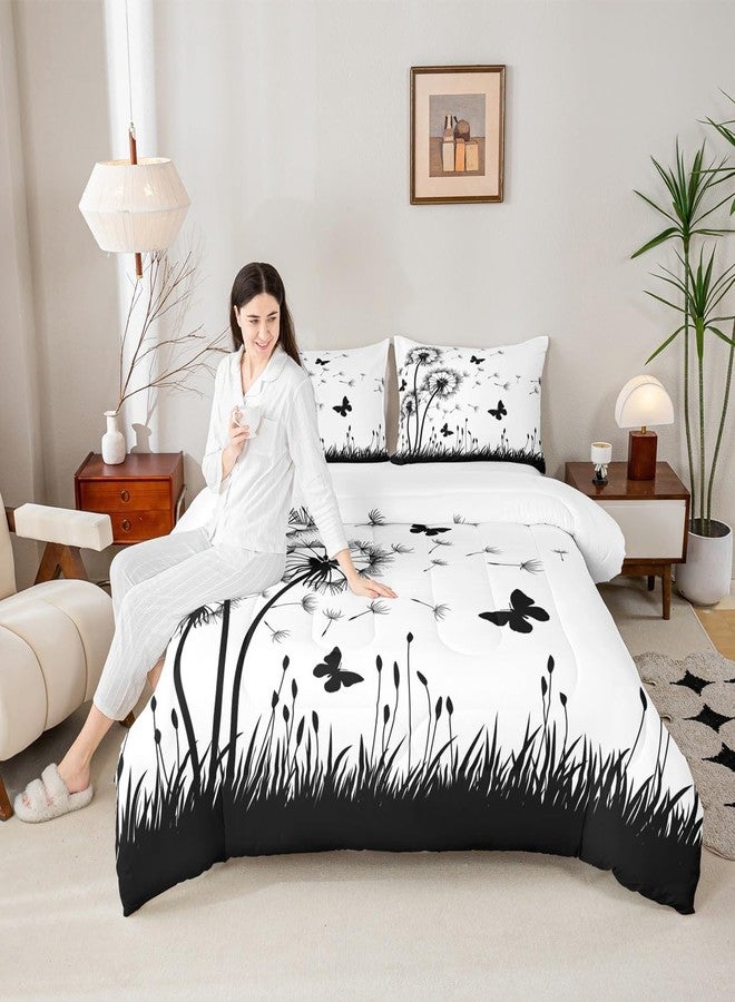 Homewish Dandelion Comforter Set Queen Size,Rustic Natural Bedding Set 3pcs for Kids Teens Girls Boys Room Decor,Butterfly Floral Animal Quilt Set Black and White Duvet Insert with 2 Pillowcases - Image 1