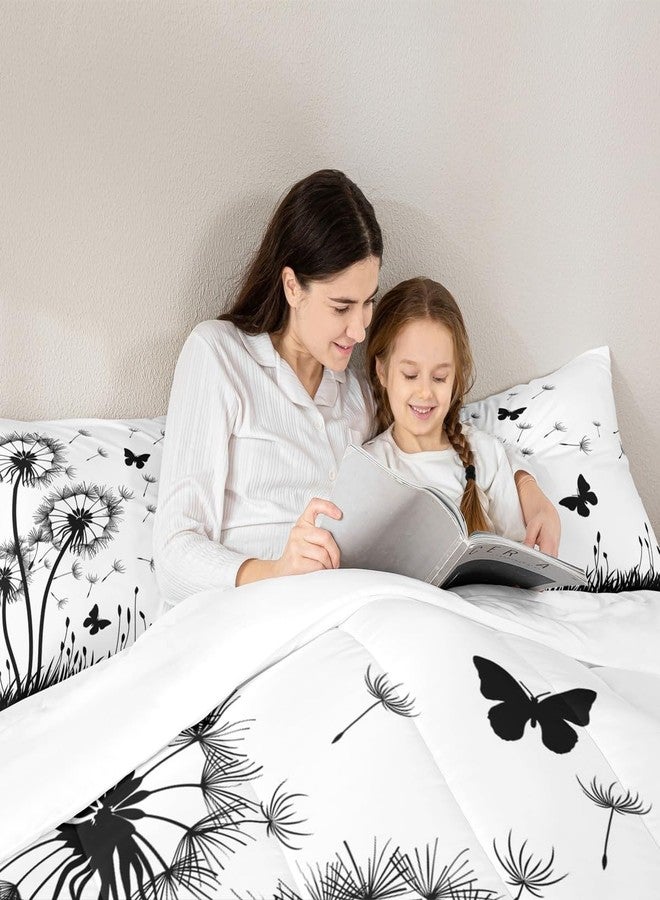 Homewish Dandelion Comforter Set Queen Size,Rustic Natural Bedding Set 3pcs for Kids Teens Girls Boys Room Decor,Butterfly Floral Animal Quilt Set Black and White Duvet Insert with 2 Pillowcases - Image 2