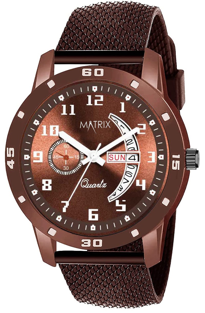 Matrix Analog Day & Date Display Stainless Steel Band Wrist Watch For Men & Boys (Brown) - Image 1