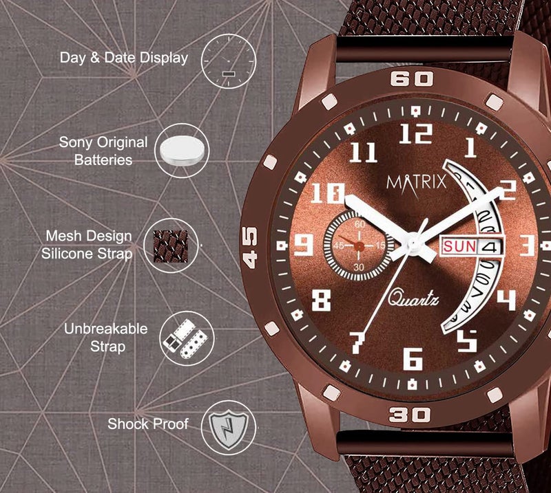 Matrix Analog Day & Date Display Stainless Steel Band Wrist Watch For Men & Boys (Brown) - Image 2