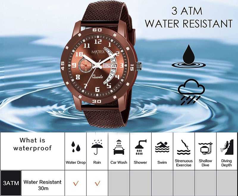 Matrix Analog Day & Date Display Stainless Steel Band Wrist Watch For Men & Boys (Brown) - Image 3