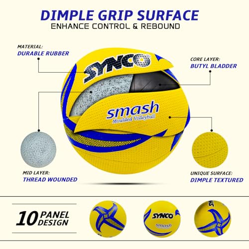 Synco Smash Rubber Moulded Indoor/Outdoor Volleyball - Yellow, Size: 4 (Suitable for Practice/Match/Beach) - Image 4