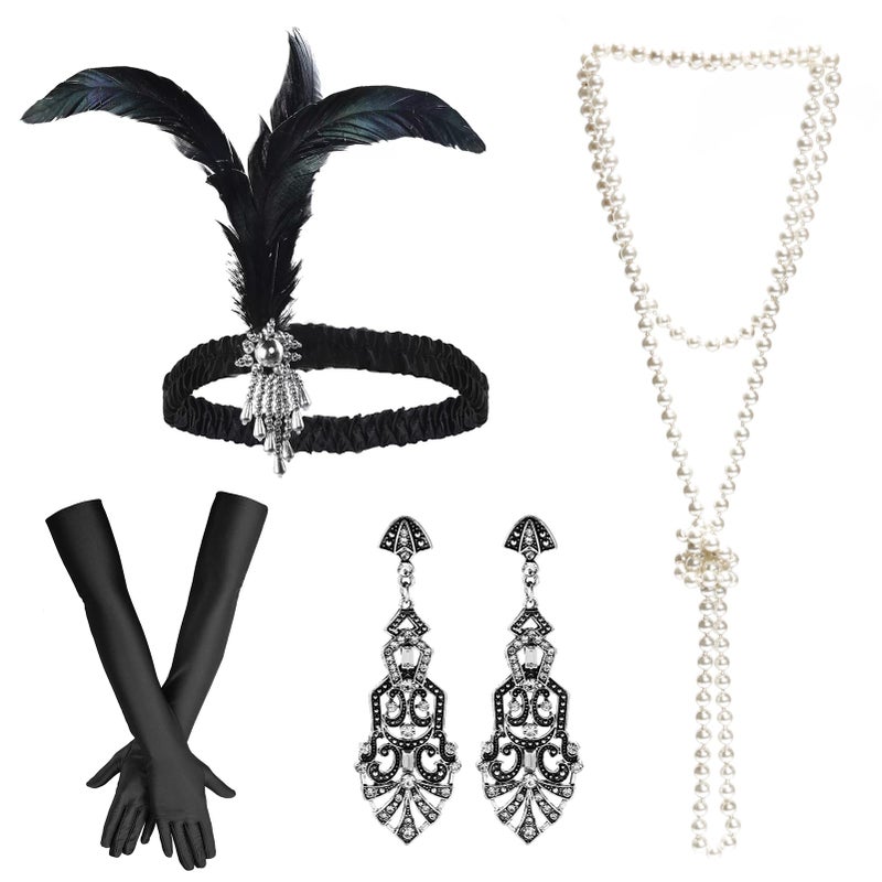 iHUFeather Women 1920s Flapper Set with Feather Headband Beaded Necklaces Earrings Black Gloves for Great Vintage Wedding Costume Accessories - Image 1