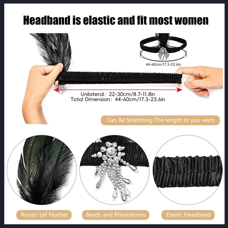 iHUFeather Women 1920s Flapper Set with Feather Headband Beaded Necklaces Earrings Black Gloves for Great Vintage Wedding Costume Accessories - Image 3