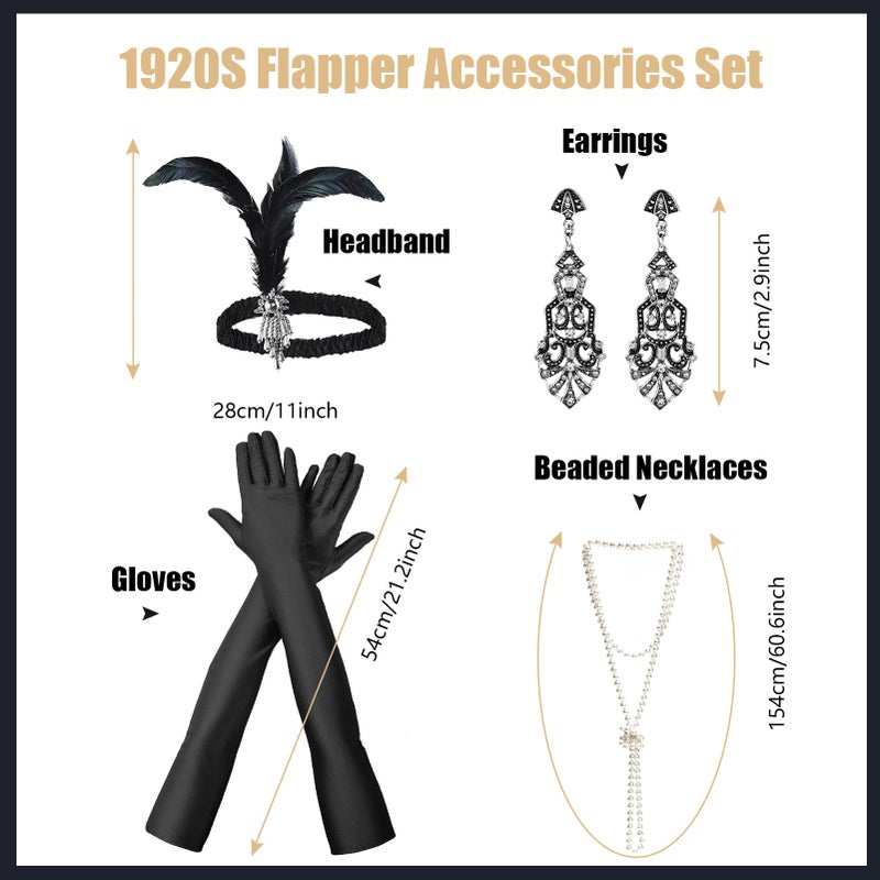 iHUFeather Women 1920s Flapper Set with Feather Headband Beaded Necklaces Earrings Black Gloves for Great Vintage Wedding Costume Accessories - Image 2