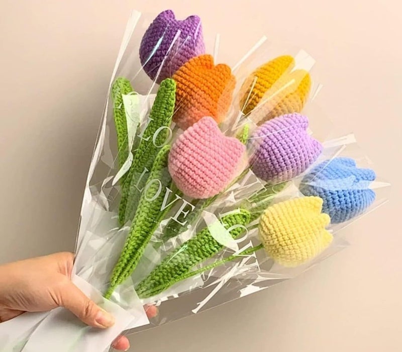 VRB Dec 1 Pcs Crochet Sunflower Decor,Crochet Flowers,Sunflower Gift,Knitted Fake Sunflower Crochet,Tulip/Sunflower with Stem,Handmade Sunflower Bouquet for Decor. (Yellow Tulip Flower Stick - 1 Pcs) - Image 4