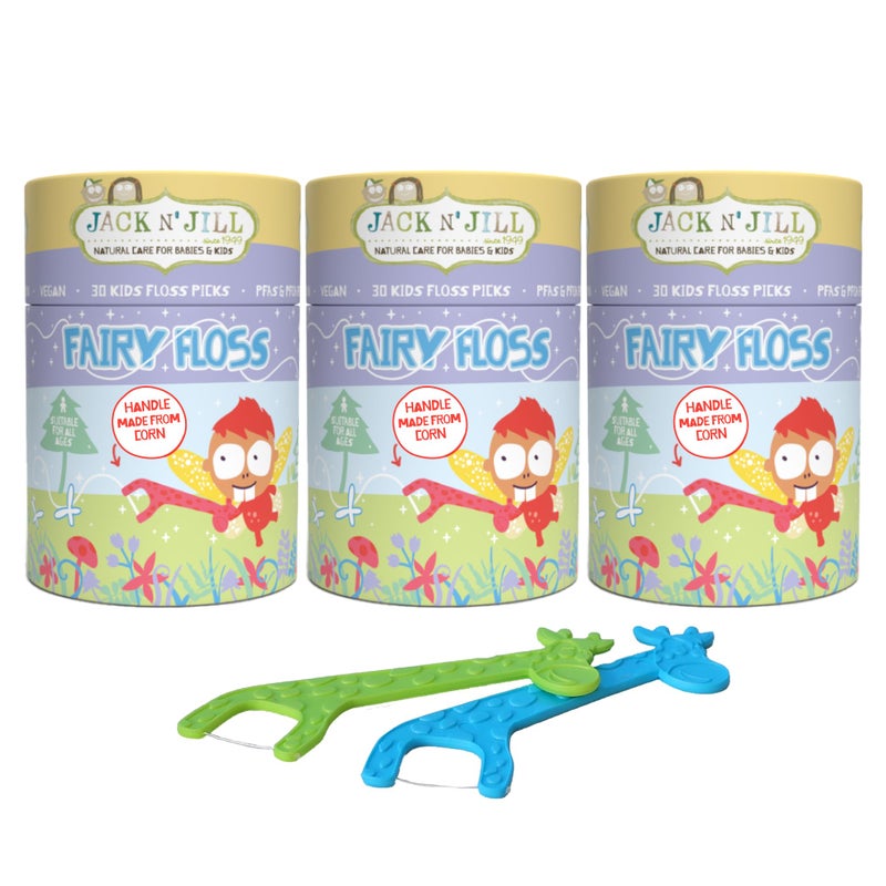 Jack N' Jill Fairy Floss Dental Flossers- Individually Wrapped Recyclable Floss for Kids, Cornstarch Handles and Packaging, No PFAS, Kids First Floss - Pack of 3 - Image 1