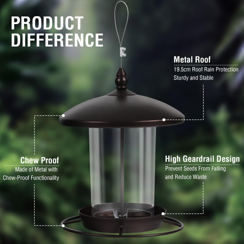 Youvip Metal Bird Feeder for Outdoors Hanging,3.0LB Seed Feeder,Easy to Fill & Clean,360Â° Feeding,Weatherproof Roof for Gardens and Wild Birds,Brown - Image 2