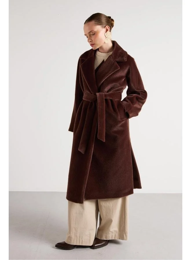 mina aise Women's Coffee Long Plush-Lined Belted Design Coat 30043.