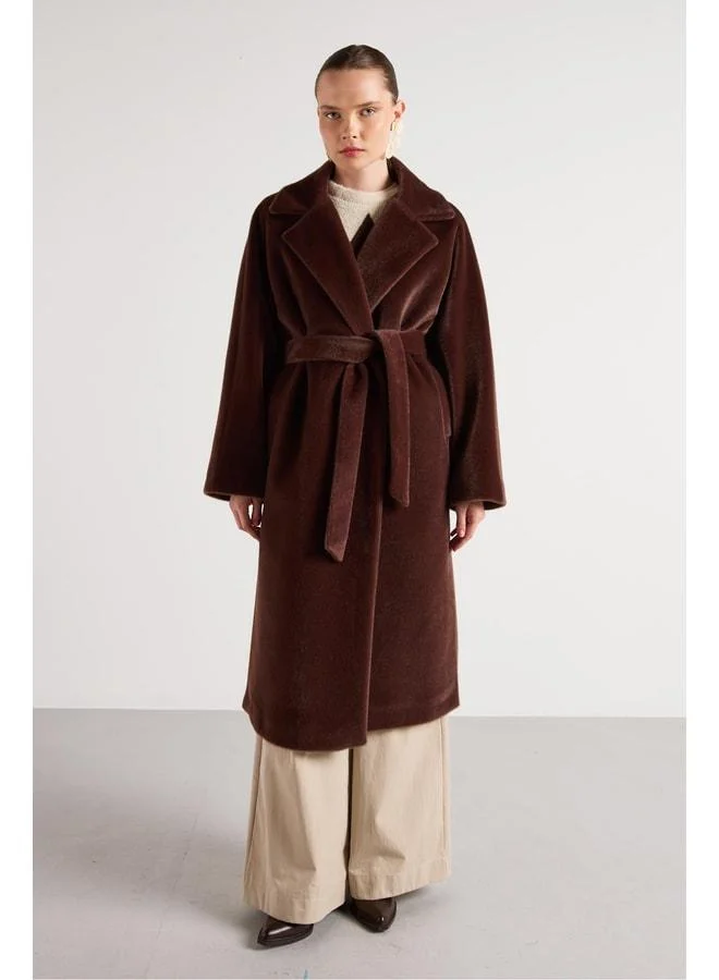 mina aise Women's Coffee Long Plush-Lined Belted Design Coat 30043.