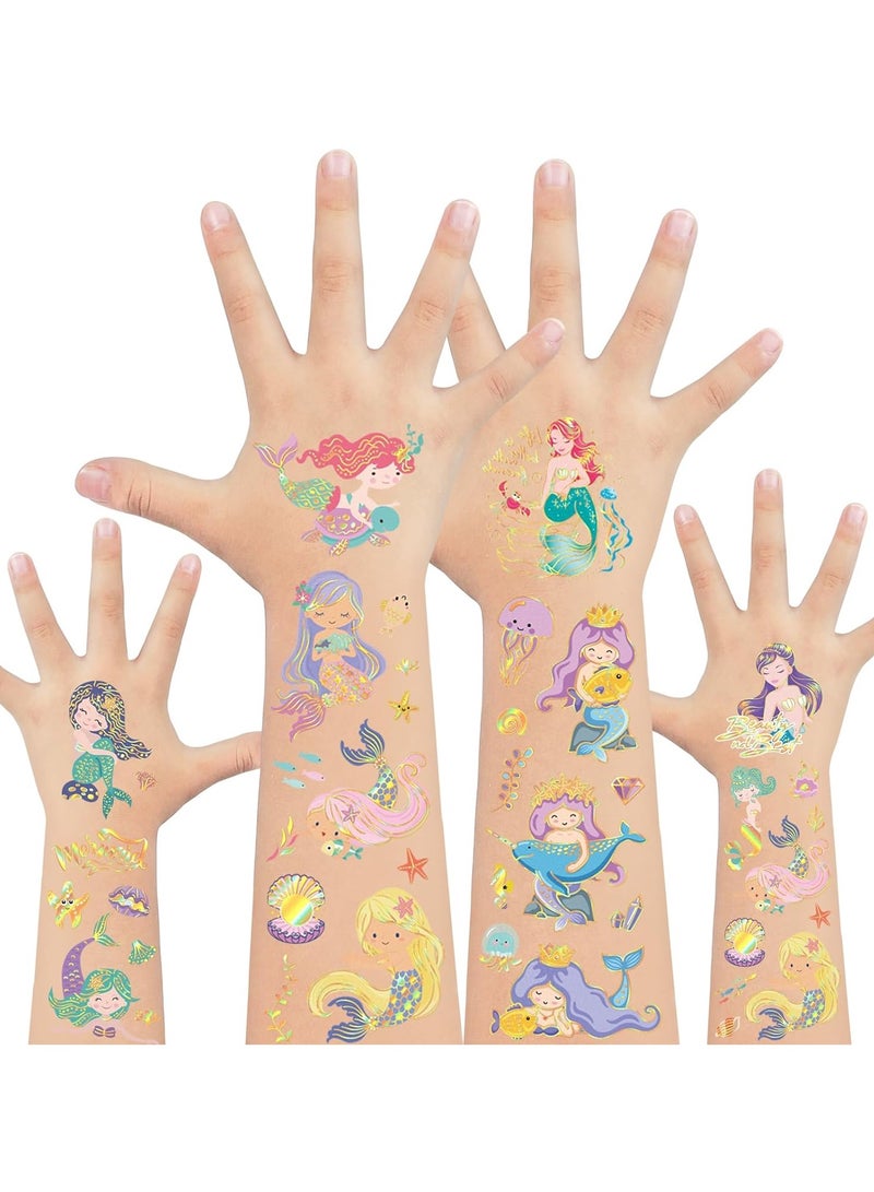 8 Sheets 130+ Styles Gold Metallic Mermaid Temporary Tattoos for Kids Girls Tattoos for Mermaid Games Activities Tattoos for Party Decorations Favors Supplies - Image 1