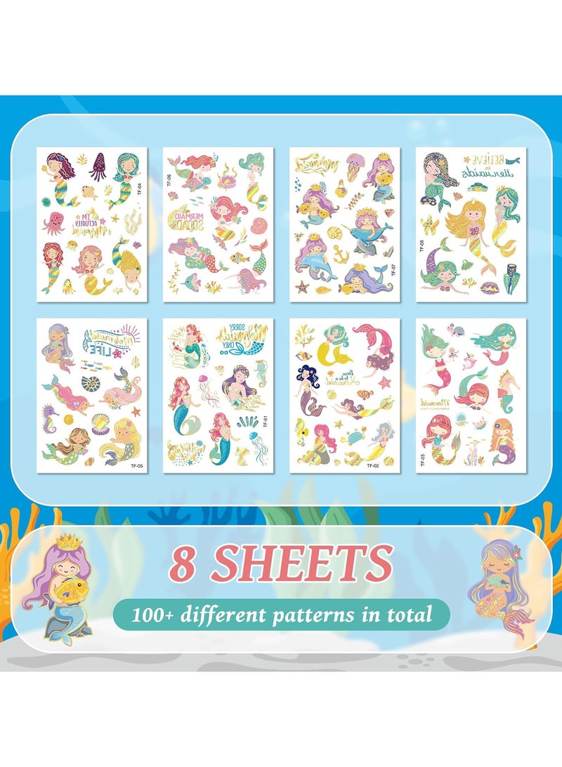 8 Sheets 130+ Styles Gold Metallic Mermaid Temporary Tattoos for Kids Girls Tattoos for Mermaid Games Activities Tattoos for Party Decorations Favors Supplies - Image 2