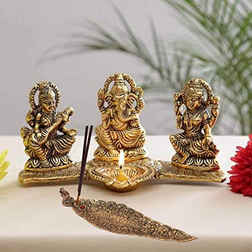 KridayKraft Laxmi Saraswati Idol Action Decorative Platter with Diya and Agarbatti Stand Diwali Gift,Metal,Standard,1 Piece - Image 1