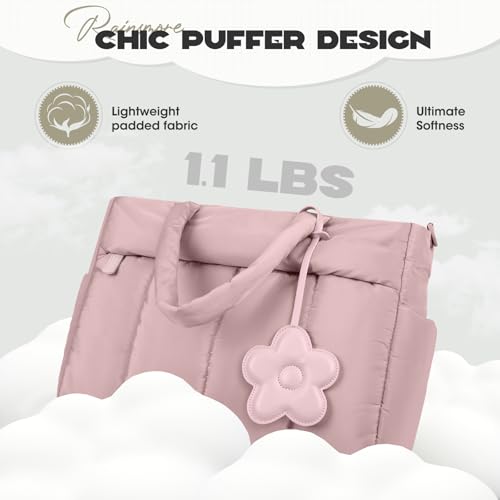 RAINSMORE Tote Bag for Women Lightweight Puffer Tote Bag with Compartments and Shoulder Strap Quilted Travel Bag Nurse Shoulder Bag Handbag Carry On Bag for Travel, Work, Pink - Image 3