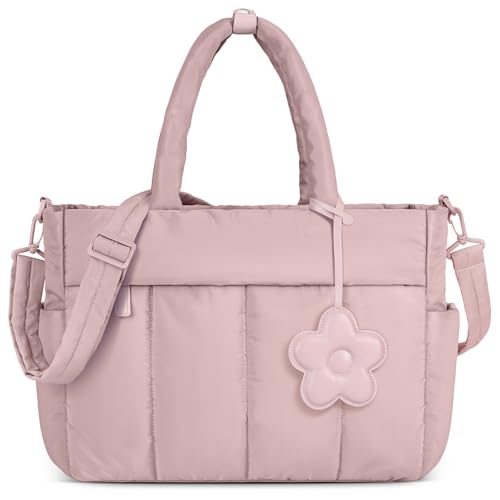 RAINSMORE Tote Bag for Women Lightweight Puffer Tote Bag with Compartments and Shoulder Strap Quilted Travel Bag Nurse Shoulder Bag Handbag Carry On Bag for Travel, Work, Pink - Image 1