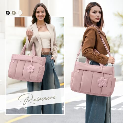 RAINSMORE Tote Bag for Women Lightweight Puffer Tote Bag with Compartments and Shoulder Strap Quilted Travel Bag Nurse Shoulder Bag Handbag Carry On Bag for Travel, Work, Pink - Image 2