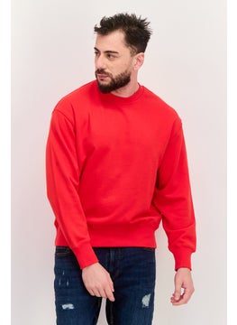 Men Ribbed Neck Plain Long Sleeves Sweatshirt, Red