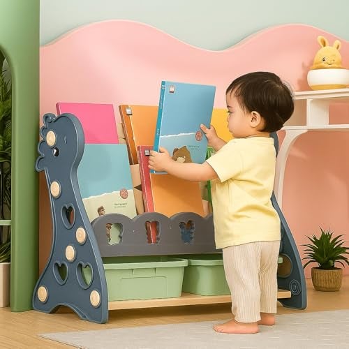 Metreno 4 Rack Book Shelf for Kids Room Plastic Kids Book Shelf Rack for Home Small Bookshelf for Babies Babies Toy Storage Organiser with Bin Toddler Book Rack (Green) - Image 1
