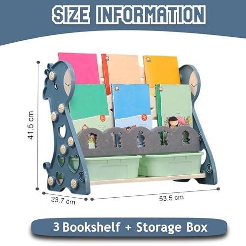 Metreno 4 Rack Book Shelf for Kids Room Plastic Kids Book Shelf Rack for Home Small Bookshelf for Babies Babies Toy Storage Organiser with Bin Toddler Book Rack (Green) - Image 2