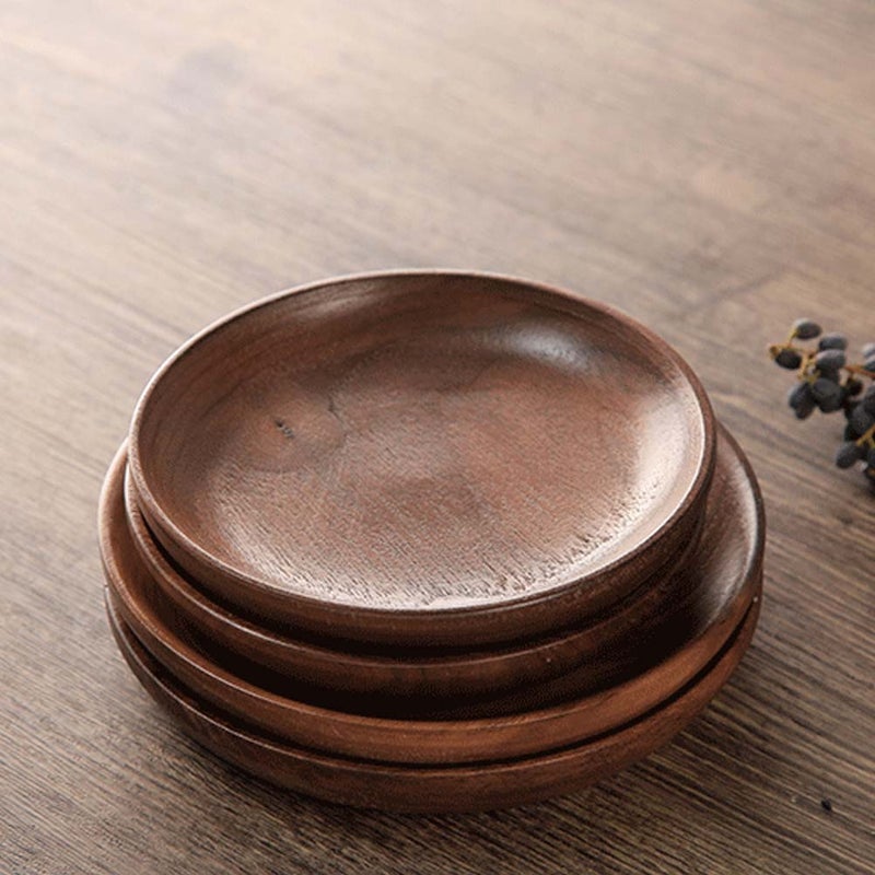 1 PC Japanese-style Round Black Walnut Wood Dinner Serving Plate Desserts Dish Dinnerware Tray Tableware (13x13x2cm) - Image 2