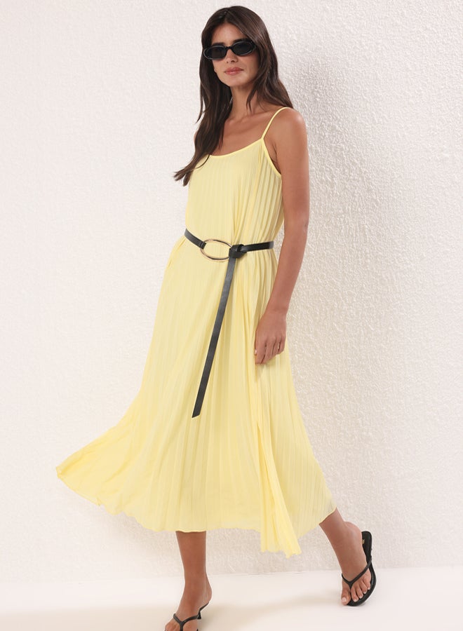 trendyol Light Yellow Straight Slit Tulle Dress A-Line Knitted - Image 1
