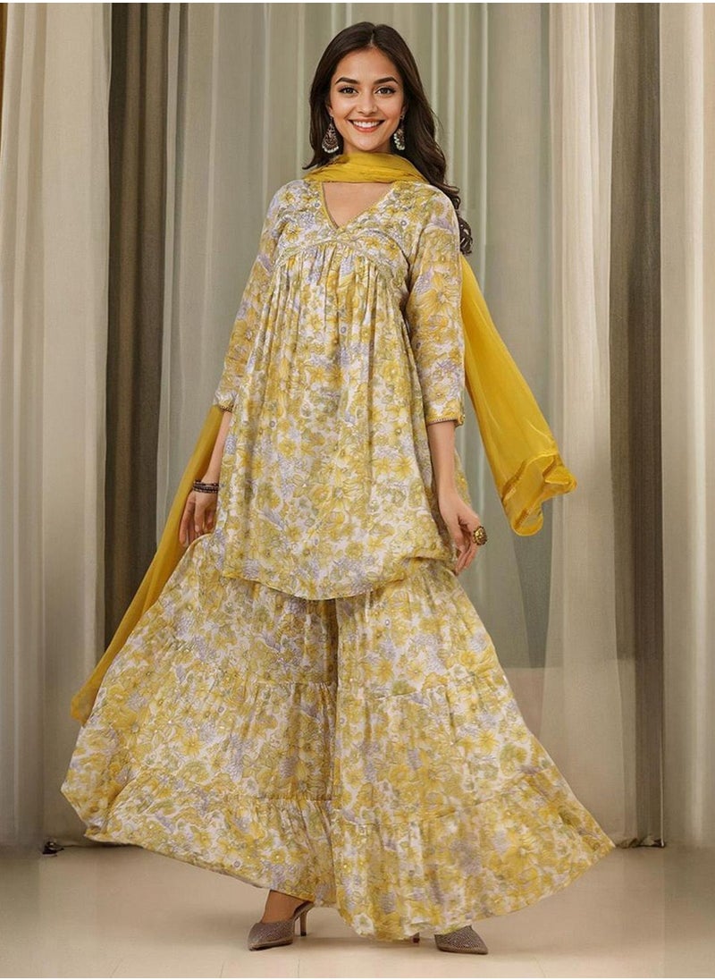 ISHIN Women's Yellow 100% Cotton Embellished Tunic Full Length Palazzo Straight Fit Kurta Set  - Image 1
