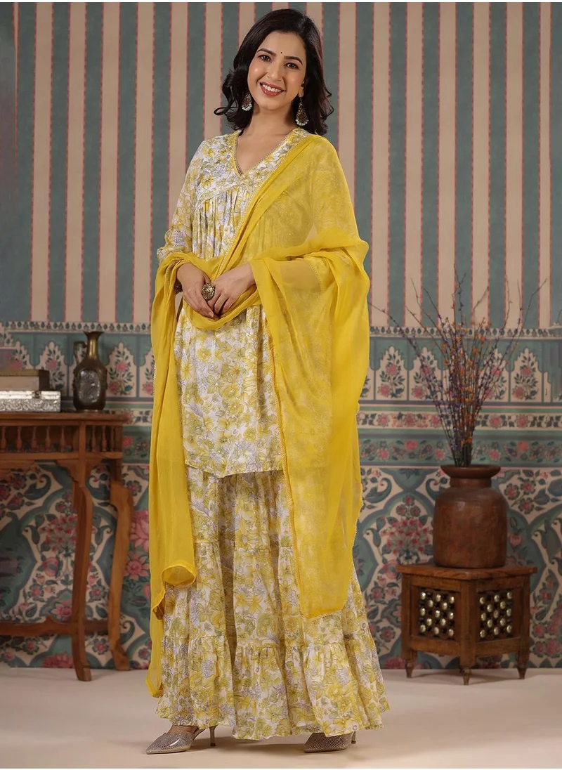 ISHIN Women's Yellow 100% Cotton Embellished Tunic Full Length Palazzo Straight Fit Kurta Set