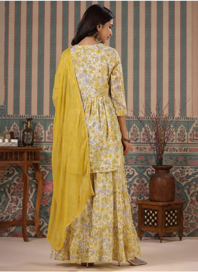 ISHIN Women's Yellow 100% Cotton Embellished Tunic Full Length Palazzo Straight Fit Kurta Set