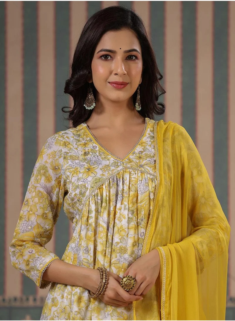 ISHIN Women's Yellow 100% Cotton Embellished Tunic Full Length Palazzo Straight Fit Kurta Set