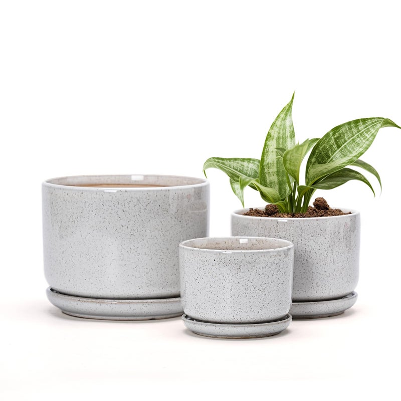Ton Sin Plant Pots, 4.1+5.1+6.5 inch, Set of 3, Ceramic Planters with Drainage Hole and Saucer, Indoor Flower Pot with Drainage Hole, Gifts for Mom(Reactive Glaze White) - Image 1