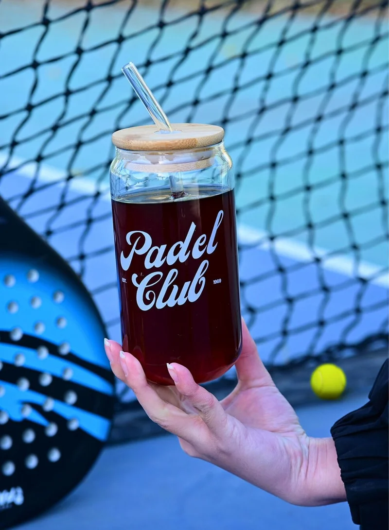 1Chase Padel Club Glass Sipper Set With Bamboo Lid And Glass Straw – 550ML (Set of 2) Can Shaped Tumblers