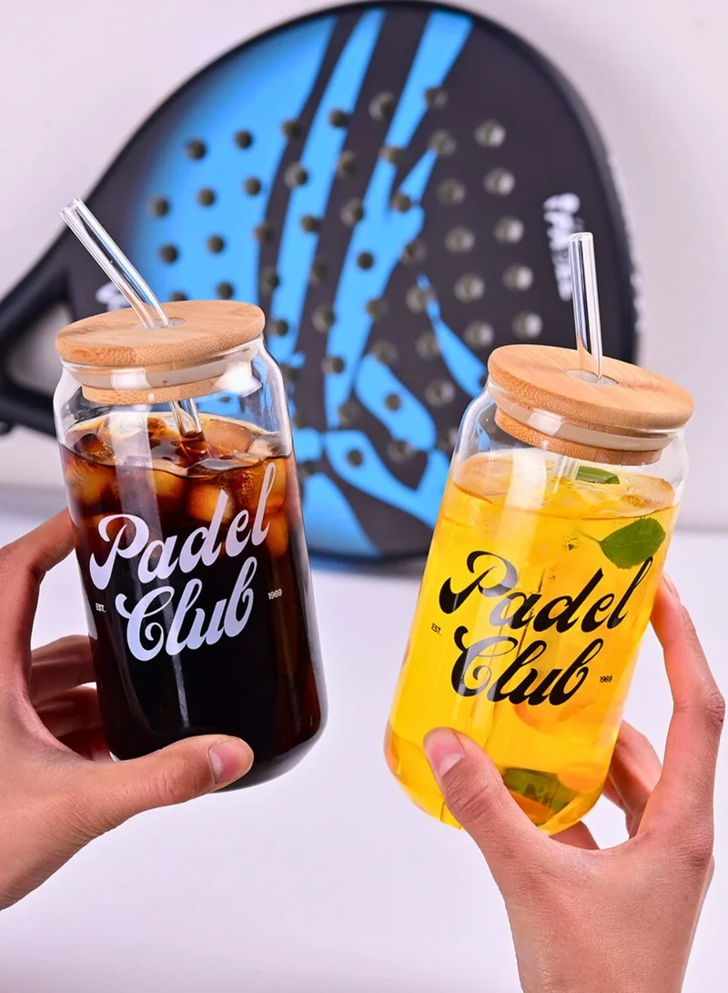 1Chase Padel Club Glass Sipper Set With Bamboo Lid And Glass Straw – 550ML (Set of 2) Can Shaped Tumblers