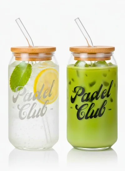 1 تشيس طقم أكواب زجاجية من بادل كلوب مع غطاء من الخيزران وماصة زجاجية - 550 مل (طقم من قطعتين) أكواب على شكل علبة