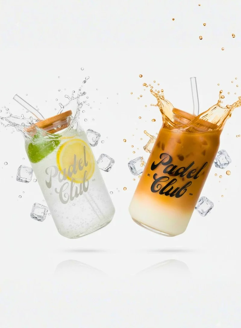 1 تشيس طقم أكواب زجاجية من بادل كلوب مع غطاء من الخيزران وماصة زجاجية - 550 مل (طقم من قطعتين) أكواب على شكل علبة