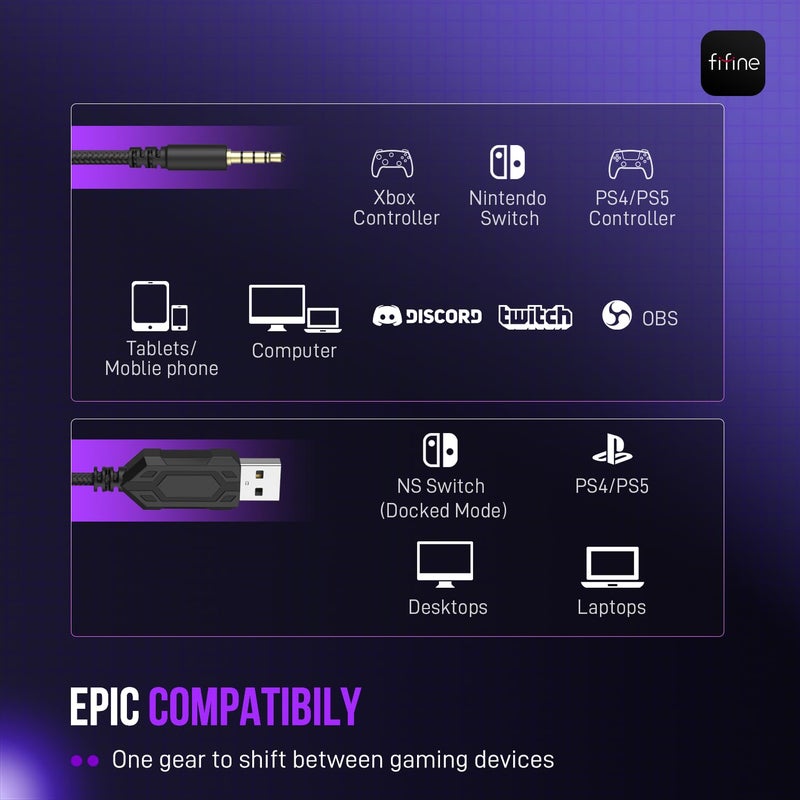 FIFINE PC Gaming Headset, USB Headset with 7.1 Surround Sound, Detachable Microphone, Control Box, 3.5mm Headphones Jack, Over-Ear Wired Headphones for PS5/Xbox/Switch, Black-AmpliGame H9 - Image 4