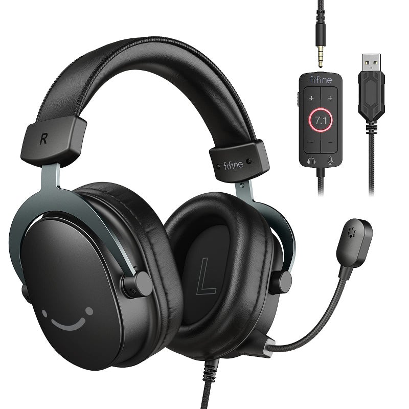 FIFINE PC Gaming Headset, USB Headset with 7.1 Surround Sound, Detachable Microphone, Control Box, 3.5mm Headphones Jack, Over-Ear Wired Headphones for PS5/Xbox/Switch, Black-AmpliGame H9 - Image 1