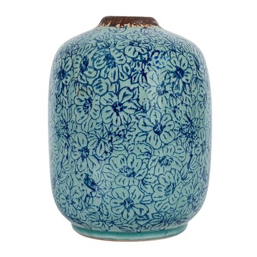 Creative Co-Op Decorative Round Terra-Cotta Vase with Floral Pattern with Distressed Finish, Blue - Image 3