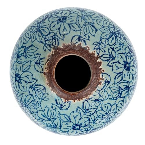 Creative Co-Op Decorative Round Terra-Cotta Vase with Floral Pattern with Distressed Finish, Blue - Image 4
